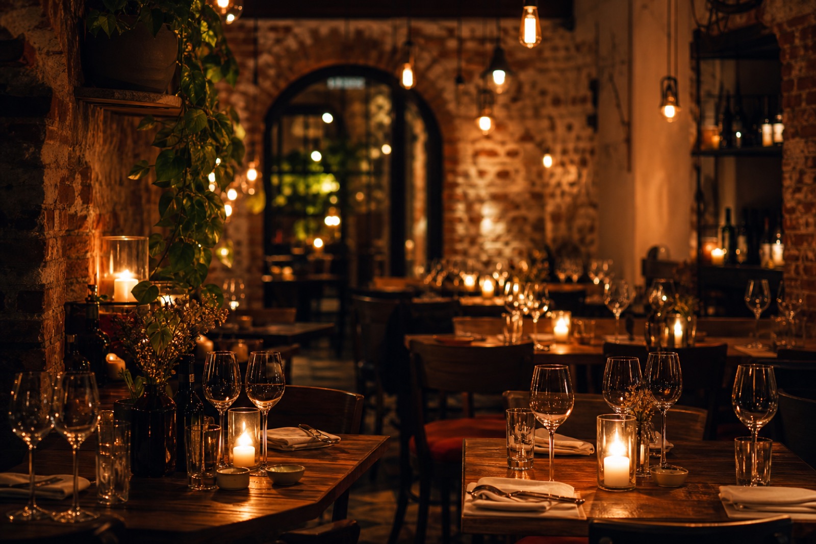 燭光下的義式餐酒館座位區